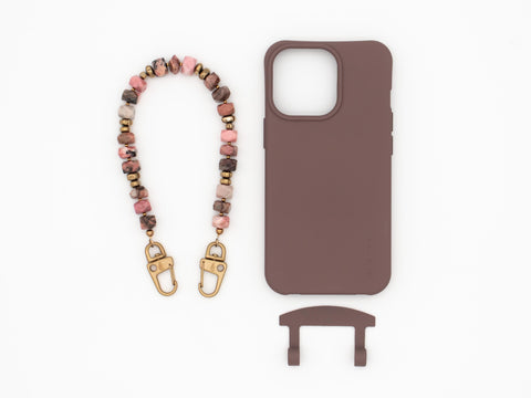 Handykette kurz aus Rhodonit Naturstein Perlen und Handyhülle in BERRY für iPhone Samsung, handmade von eilenna