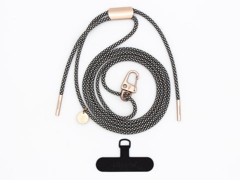 Handykette universal mit Karabiner und Adapter zum Umhängen, Kordel in SALT & PEPPER mit Rosegold, handmade von eilenna