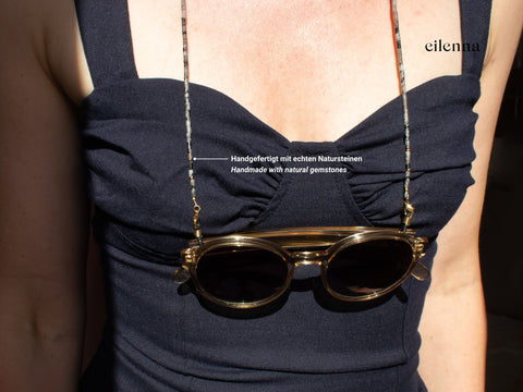Glasses chain made of grey labradorite, freshwater pearl &amp; gold