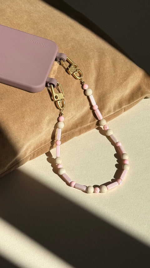 Short mobile phone chain with rhodonite natural stones