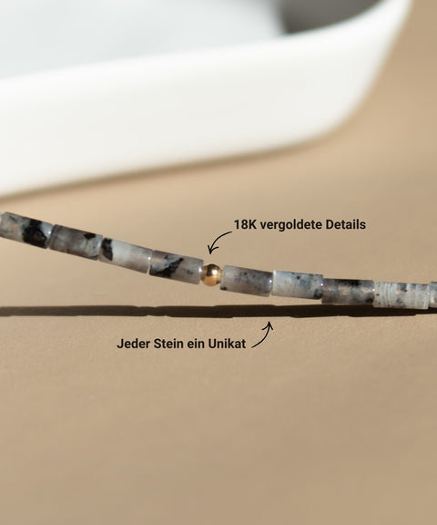 Glasses chain made of grey labradorite, freshwater pearl &amp; gold
