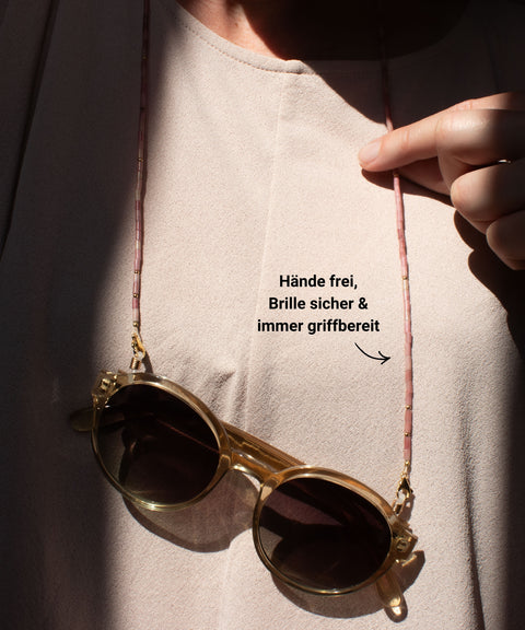 Glasses chain made of rhodochrosite, freshwater pearl &amp; gold