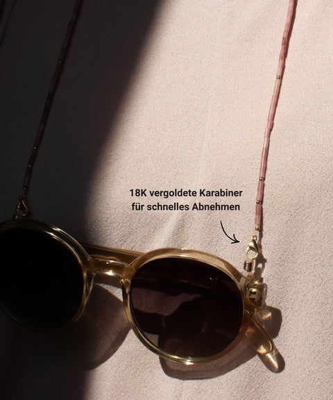 Glasses chain made of rhodochrosite, freshwater pearl &amp; gold