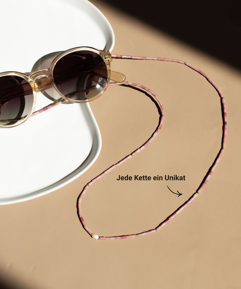 Glasses chain made of rhodochrosite, freshwater pearl &amp; gold