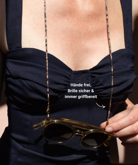 Glasses chain made of black rhodonite &amp; gold