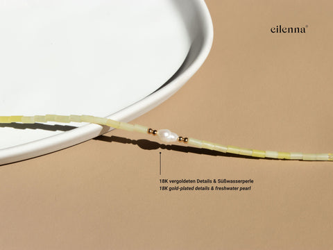Brillenkette aus Zitronen Jade, Süßwasserperle & Gold
