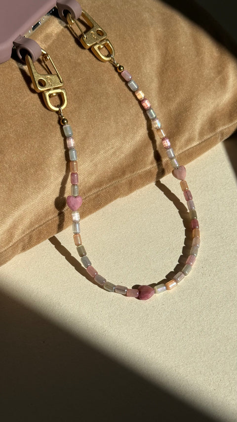 Short phone chain with jasper natural stone heart beads