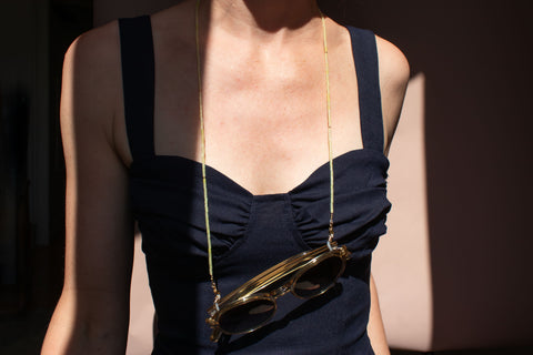 Brillenkette aus Zitronen Jade, Süßwasserperle & Gold