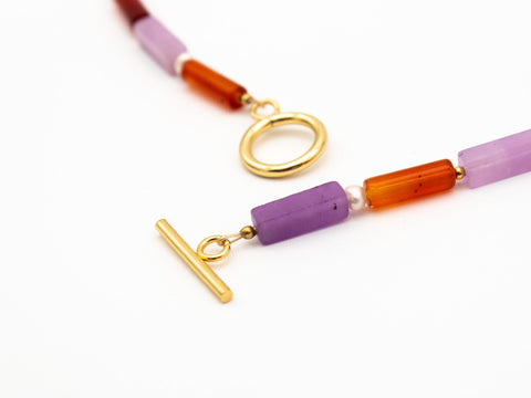 Halskette aus Naturstein Amethyst, Achat & Süßwasserperlen