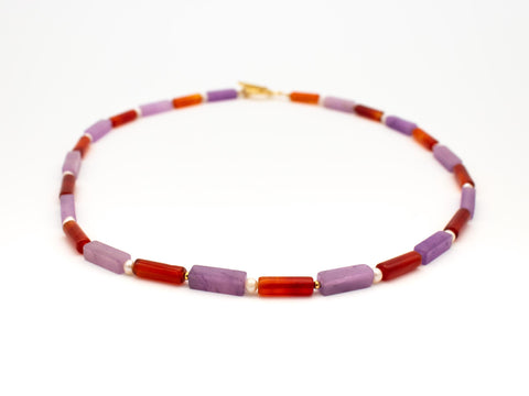 Halskette aus Naturstein Amethyst, Achat & Süßwasserperlen
