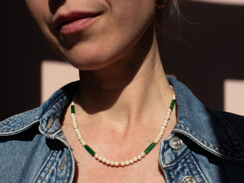 Grüne Achat & Fossil Halskette, Naturstein Perlenkette Damen, 18K Vergoldet, Handmade Schmuck von eilenna