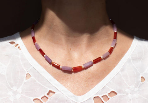 Halskette aus Naturstein Amethyst, Achat & Süßwasserperlen