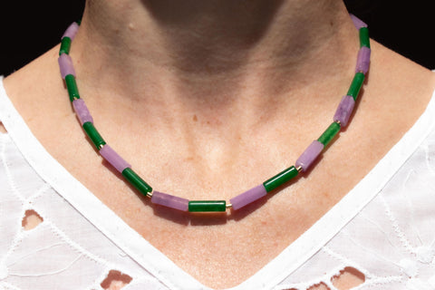 Halskette Lila Amethyst & Grüner Achat, Moderne Perlenkette Damen, Naturstein Schmuck 18K Gold Verschluss, Handgemachter Schmuck von eilenna