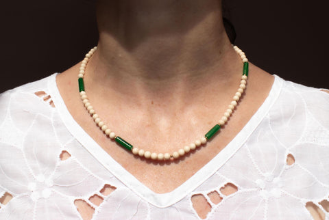 Grüne Achat & Fossil Halskette, Naturstein Perlenkette Damen, 18K Vergoldet, Handmade Schmuck von eilenna