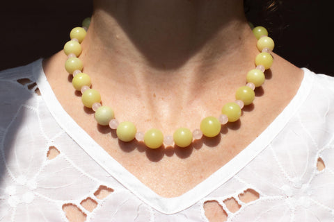 Halskette Rosenquarz & Zitronenjade, Naturstein Perlenkette Damen, Boho Schmuck 18K Gold Verschluss, Geschenk für Sie, Handmade eilenna