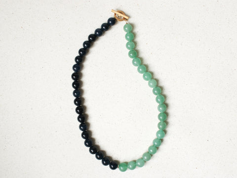 Halskette Blauer Topas & Aventurin Half und Half, Naturstein Perlenkette Damen Blau Grün, 18K Vergoldet, Handgemacht von eilenna