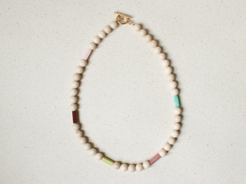 Halskette Chalcedon & Weißer Fossilstein, Naturstein Perlenkette Damen, 18K Vergoldet, Handgemachter Schmuck von eilenna